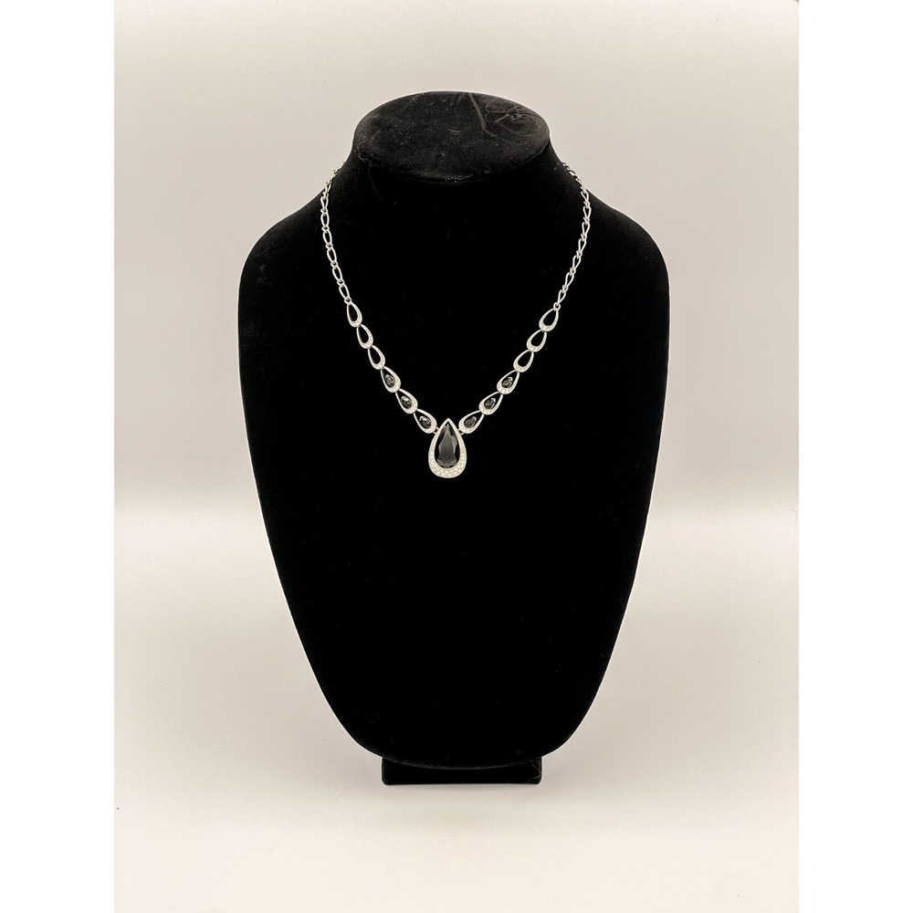 Vtg Monet Silver-Tone Black Teardrop Necklace with Rhinestone Accents